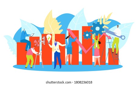 Business analytics people, with graph analysis technology, isolated vector illustration. Corporate growth and teamwork marketing. Analytical management in office, businessmen working group.