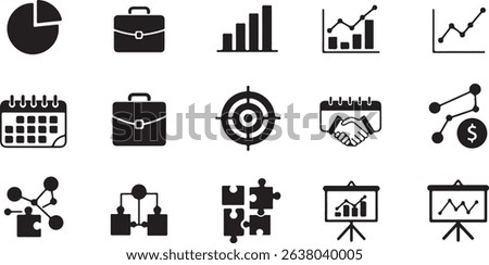 Business  analytics  pie chart, bar graph, line chart, briefcase, handshake, target, calendar, stats, strategy, presentation board. black and white file format eps