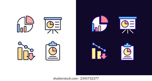 Business analytics pixel perfect light and dark theme color icons set. Data analysis. Financial forecast. Statistics. Simple filled line drawings. Bright cliparts on white and black. Editable stroke