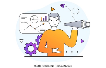 Business Analytics and Planning concept. Man with binoculars looks into future of company and looking for ways develop. Search ideas for progress. Cartoon flat vector illustration on white background