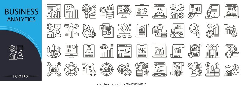 Business analytics related icon collections. Containing chart, graph, data, report, dashboard, analysis, statistics, metrics, performance, insight icons. Outline icons.