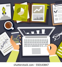 business analytics. research business strategy. analyst and creating graphics. flat vector illustration