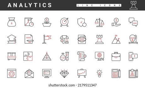 Business Analytics Service, Thin Red And Black Line Icons Set Vector Illustration. Abstract Digital Finance Information Research And SEO Strategy For Revenue Growth, Startup Investment And Management