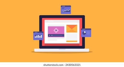 Business analytics software, email marketing, digital marketing strategy, Software generating business marketing report with graph and chart - vector illustration background with icons