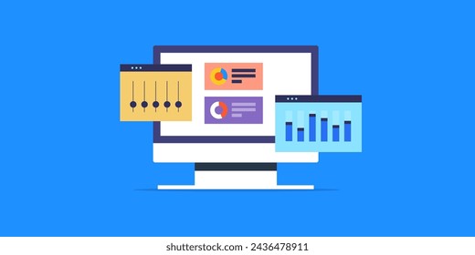 Business analytics software, Web based business application, data driven business decisions, vector illustration with icons.