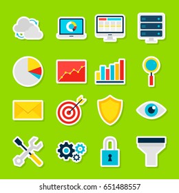 Business Analytics Stickers. Vector Illustration Flat Style. Collection of Big Data Symbols.