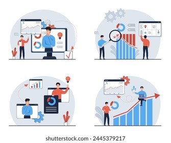  Análisis de negocio, estrategia de negocio. Concepto de crecimiento empresarial. Web de análisis de páginas, Anuncio, presentación, redes sociales, documentos, tarjetas, carteles. Ilustración vectorial.