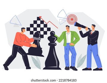 Business analytics and strategy of market promotion strategy concept with people moving chess pieces. Business strategy, planning and management flat vector illustration isolated on white.