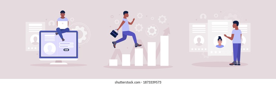 Business analytics and strategy theme. Candidate selection concept. Concept of man running up the career ladder. Vector illustration in a flat style.
