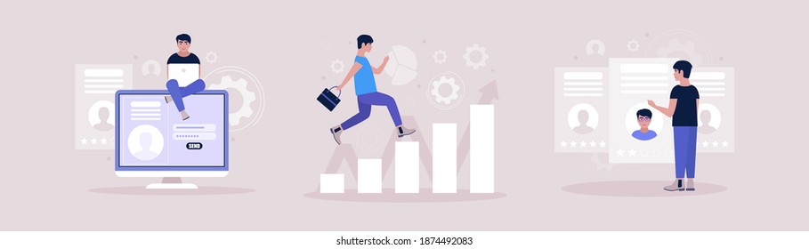 Análisis de negocio y tema de estrategia. Concepto de selección de candidatos. Concepto de hombre corriendo por la escalera de la carrera. Ilustración vectorial en un estilo plano.