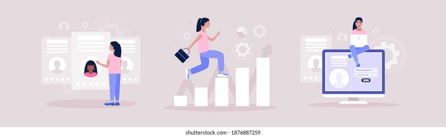 Business analytics and strategy theme. Candidate selection concept. Concept of woman running up the career ladder. Vector illustration in a flat style.