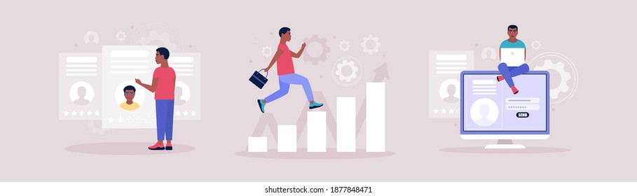 Business analytics and strategy theme. Candidate selection concept. Concept of man running up the career ladder. Vector illustration in a flat style.