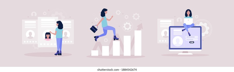 Análisis de negocio y tema de estrategia. Concepto de selección de candidatos. Concepto de mujer corriendo en la escalera de la carrera. Ilustración vectorial en un estilo plano.