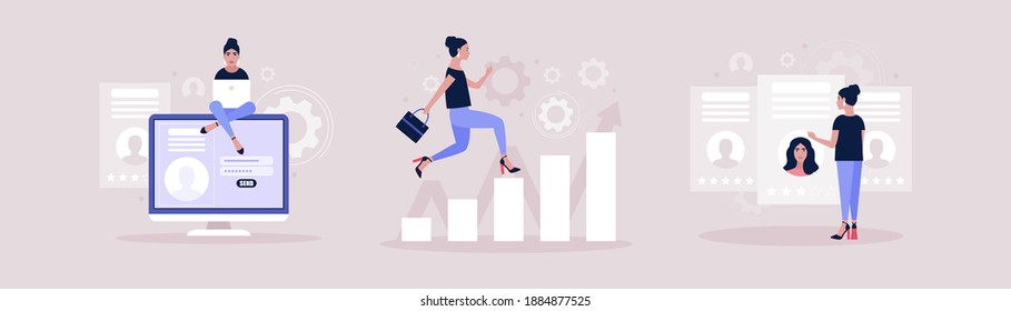 Business analytics and strategy theme. Candidate selection concept. Concept of woman running up the career ladder. Vector illustration in a flat style.