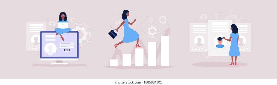 Business analytics and strategy theme. Candidate selection concept. Concept of woman running up the career ladder. Vector illustration in a flat style.