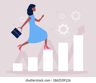 Business analytics and strategy theme. Concept of woman running up the career ladder. Vector illustration in a flat style.