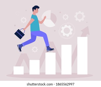 Business analytics and strategy theme. Concept of man running up the career ladder. Vector illustration in a flat style.
