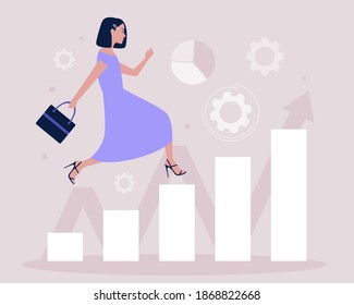 Business analytics and strategy theme. Concept of woman running up the career ladder. Vector illustration in a flat style.