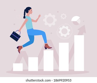 Business analytics and strategy theme. Concept of woman running up the career ladder. Vector illustration in a flat style.