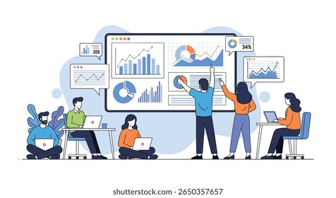 Equipe de análise de negócios colaborando em gráficos e gráficos de desempenho financeiro