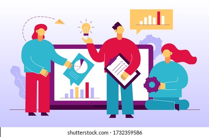 Business analytics team searching advanced solution. Innovative idea creation development planning company digital marketing strategy. Teamwork collaboration, communication. Businesspeople near laptop
