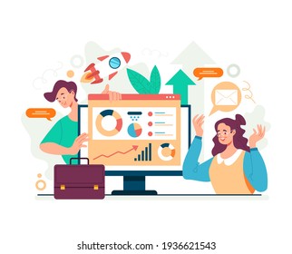 Business analytics teamwork statistic research concept. Vector flat graphic design illustration