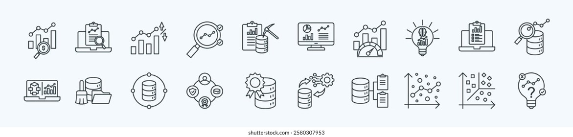 Business analytics thin icon set containing descriptive analytics, predictive analytics, prescriptive analytics, data mining, data visualization