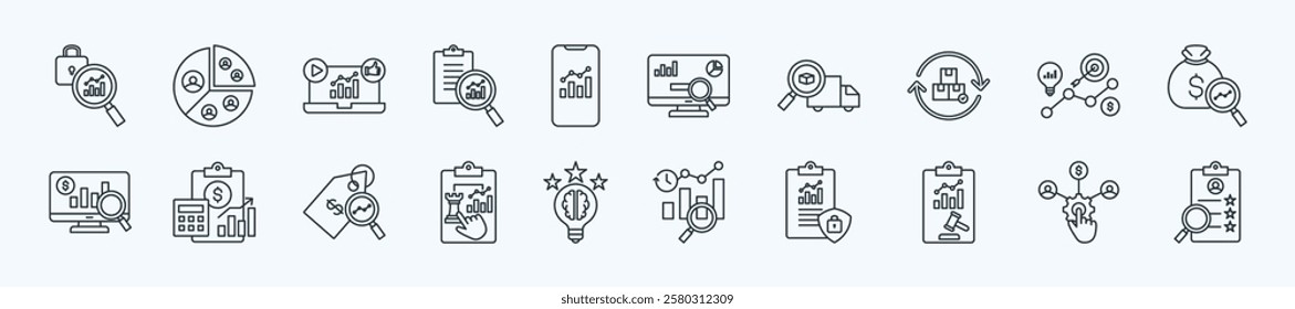 Business analytics thin icon set containing fraud detection, customer segmentation, social media analytics, text analysis, mobile analytics
