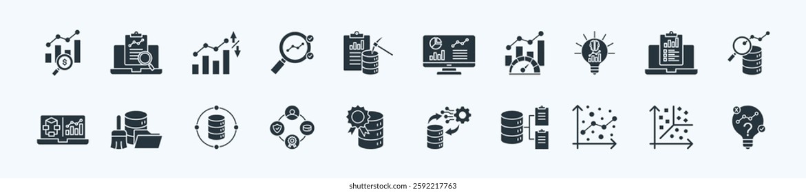 Business analytics thin icon set containing descriptive analytics, predictive analytics, prescriptive analytics, data mining, data visualization