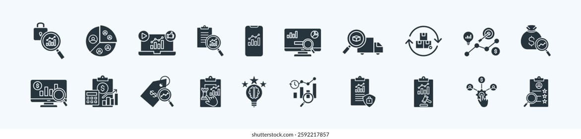 Business analytics thin icon set containing fraud detection, customer segmentation, social media analytics, text analysis, mobile analytics