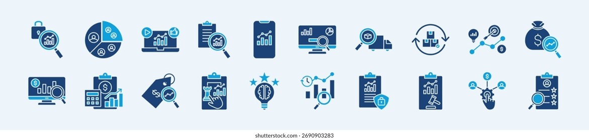 Business analytics thin icon set containing fraud detection, customer segmentation, social media analytics, text analysis, mobile analytics
