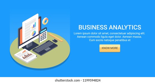 Business analytics tool, business report on computer screen, data analysis flat design 3D isometric banner