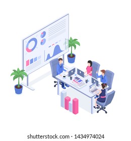 Business analytics training isometric illustration. Managers and supervisors, office staff in meeting room 3d cartoon characters. Data analytics, brainstorming ideas, partners negotiations