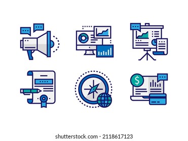 Conjunto de iconos vectoriales de análisis de negocio. Símbolos financieros a la moda en un estilo plano. Megáfono, infografía, brújula e iconos de pagos
