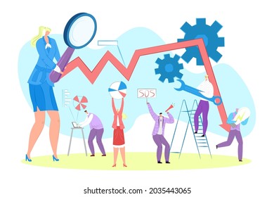 Análisis de negocio, ilustración vectorial. Carácter de hombre mujer parado cerca del gráfico financiero, trabajo para el equilibrio de la empresa. El equipo intenta impulsar el capital