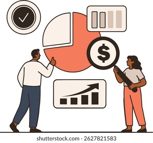Ilustración vectorial de análisis de negocios sobre fondo blanco.