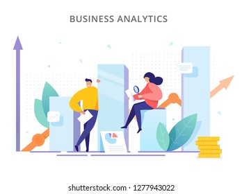 Business Analytics - Vector Illustration. People Are Near The Graphs And Analyze Company Performance. Creative Concept Of Strategy, Successful Result And Profit Growth.