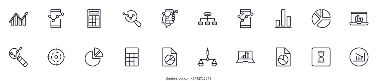 Colección de imágenes vectoriales de negocios y análisis. Ilustración lineal simple que se puede utilizar como elemento de diseño para aplicaciones y sitios web 