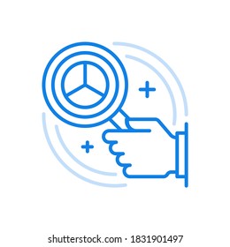 
Business analytics vector line icon. Pie chart with marketing information data. Hand holds creative infographic magnifying glass. Statistical and development strategy financial management process.