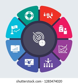 business and analytics vector template for infographics. Business concept with 9 options, steps, parts, segments. Banner infographic cycling diagram, round chart, Mission, Merge charts icons
