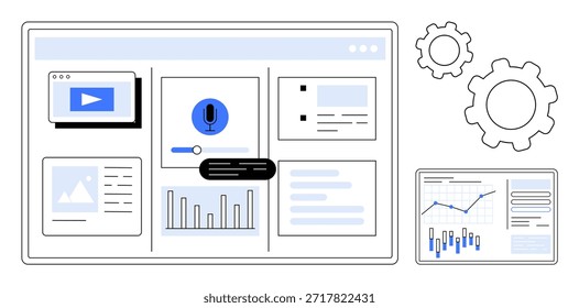 Análise comercial, comando de voz, ferramentas de mídia, automação de fluxo de trabalho, análise de dados, integração de software. Painel de interface que exibe gráficos, ícones de áudio engrenagens e mídia. Análise de negócios