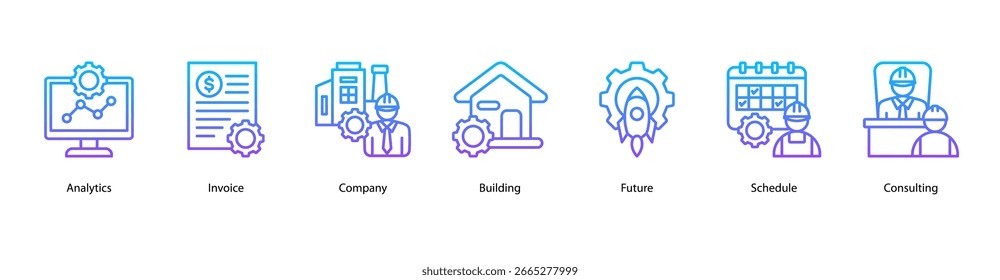 Ícone de banner da Web do Business Analytics ilustração de vetor com Analytics, Invoice, Company, Building, Future, Schedule e Consulting.