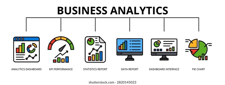 Business Analytics web banner icon vector illustration concept with icons of analytics dashboard, KPI performance, statistics report, data report, dashboard interface, and pie chart.