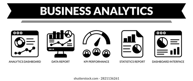 Business Analytics web banner icon vector illustration concept with icons of analytics dashboard, data report, KPI performance, statistics report, and dashboard interface.