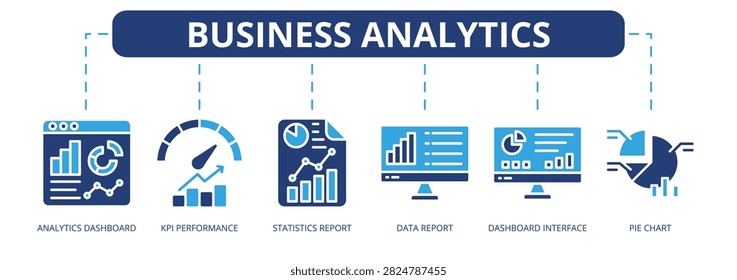 Business Analytics web banner icon vector illustration concept with icons of analytics dashboard, KPI performance, statistics report, data report, dashboard interface, and pie chart.