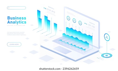 Business analytics white poster. Financial literacy and occupation. Laptop with graphs and diagrams. Landing page design. Cartoon isometric vector illustration isolated on white background