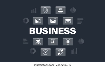 Business analytics word concept design template with icons. Infographics with text and editable white glyph pictograms. Vector illustration for web banner, presentation. Montserrat font used
