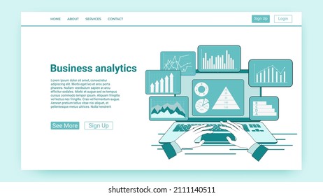 Business analytics.A businessman on a laptop studies graphs and data for doing business.The concept of control over the business process.An illustration in the style of a green landing page.