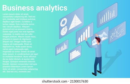 Business Analytics.Ein Geschäftsmann erforscht Graphen und Diagramme und löst Geschäftsprobleme.Poster im Business Style.Flache Vektorgrafik.