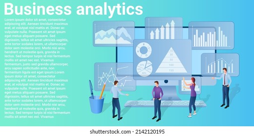 Business analytics.People study business strategy on the background of a laptop with graphs and diagrams.Poster in business style.Flat vector illustration.